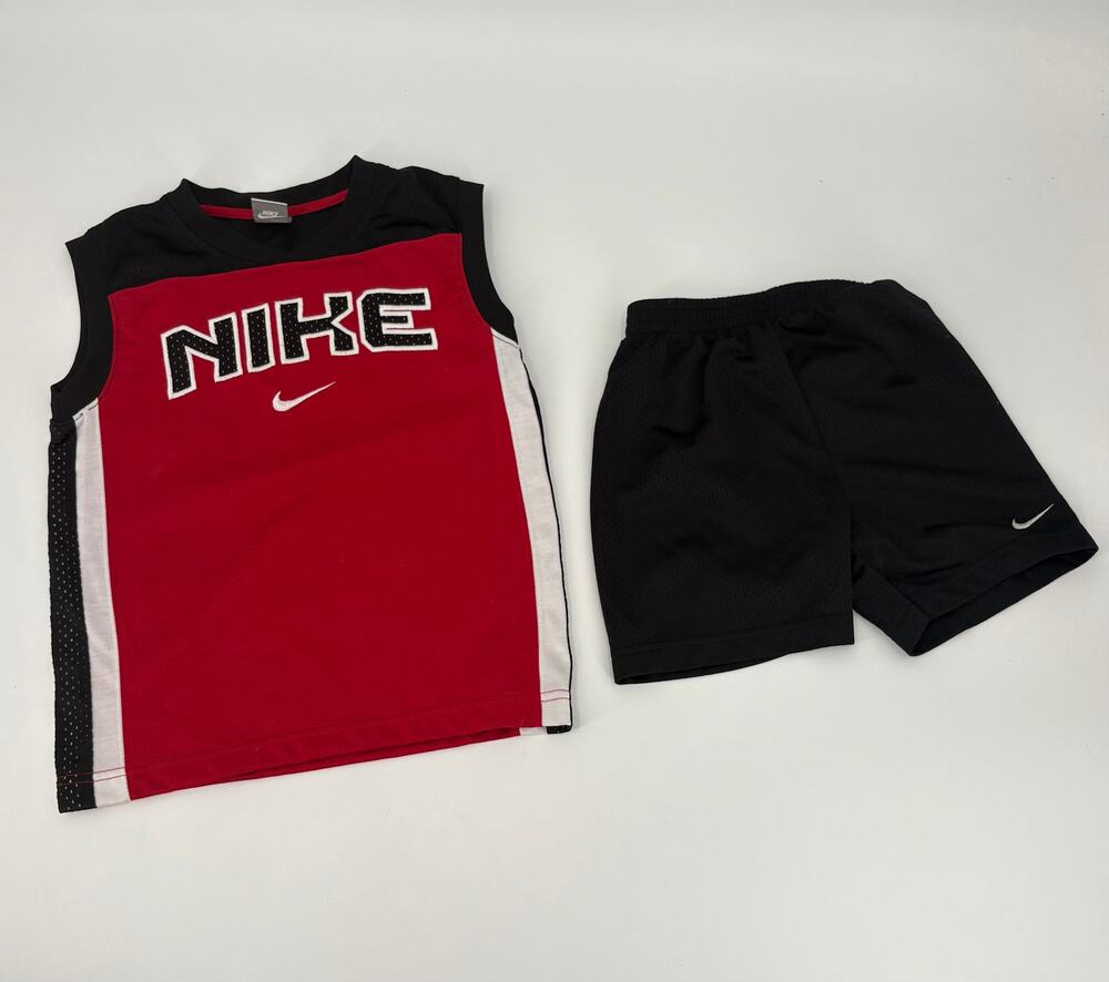 Nike Boys Size 4 2-Piece Athletic Set Red Black Sleeveless Top & Mesh Shorts